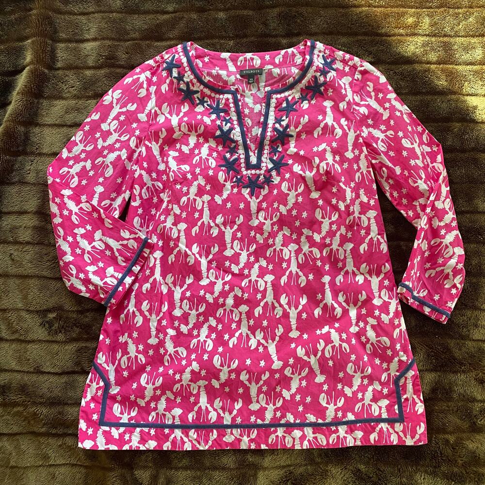 Talbots‎ XS Hot Pink Lobster Print Starfish Embellished 100% Cotton Tunic